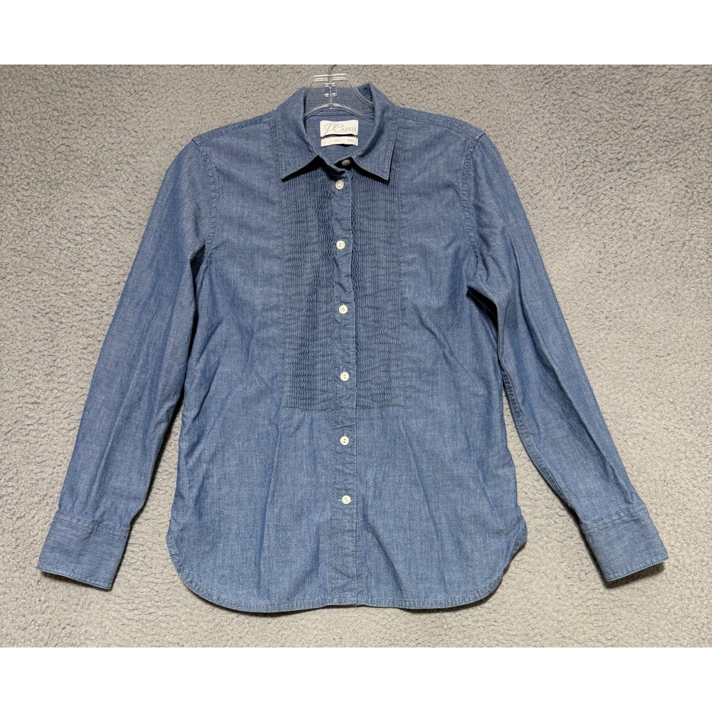 J Crew Chambray Button Up Long Sleeve Tuxedo Shirt Womens Size 2 Blue